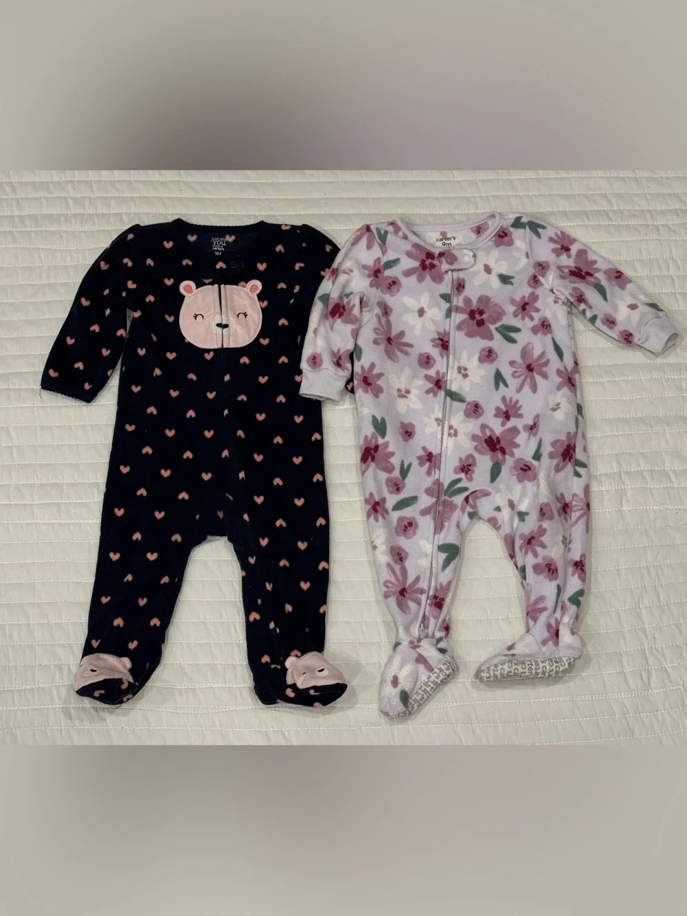 Carters Baby Girl Fleece Footie Sleeper Pajamas Grippy Feet 9 Months Set of 2